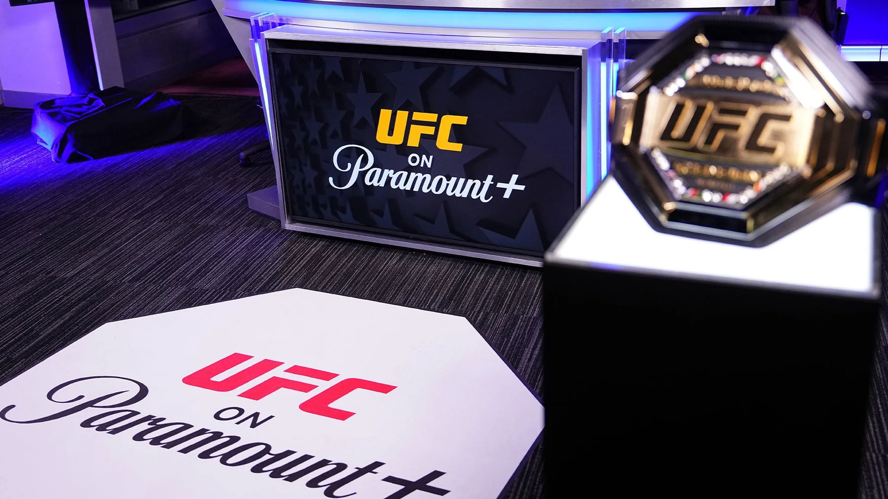UFC on Paramount Plus broadcast set with a championship belt