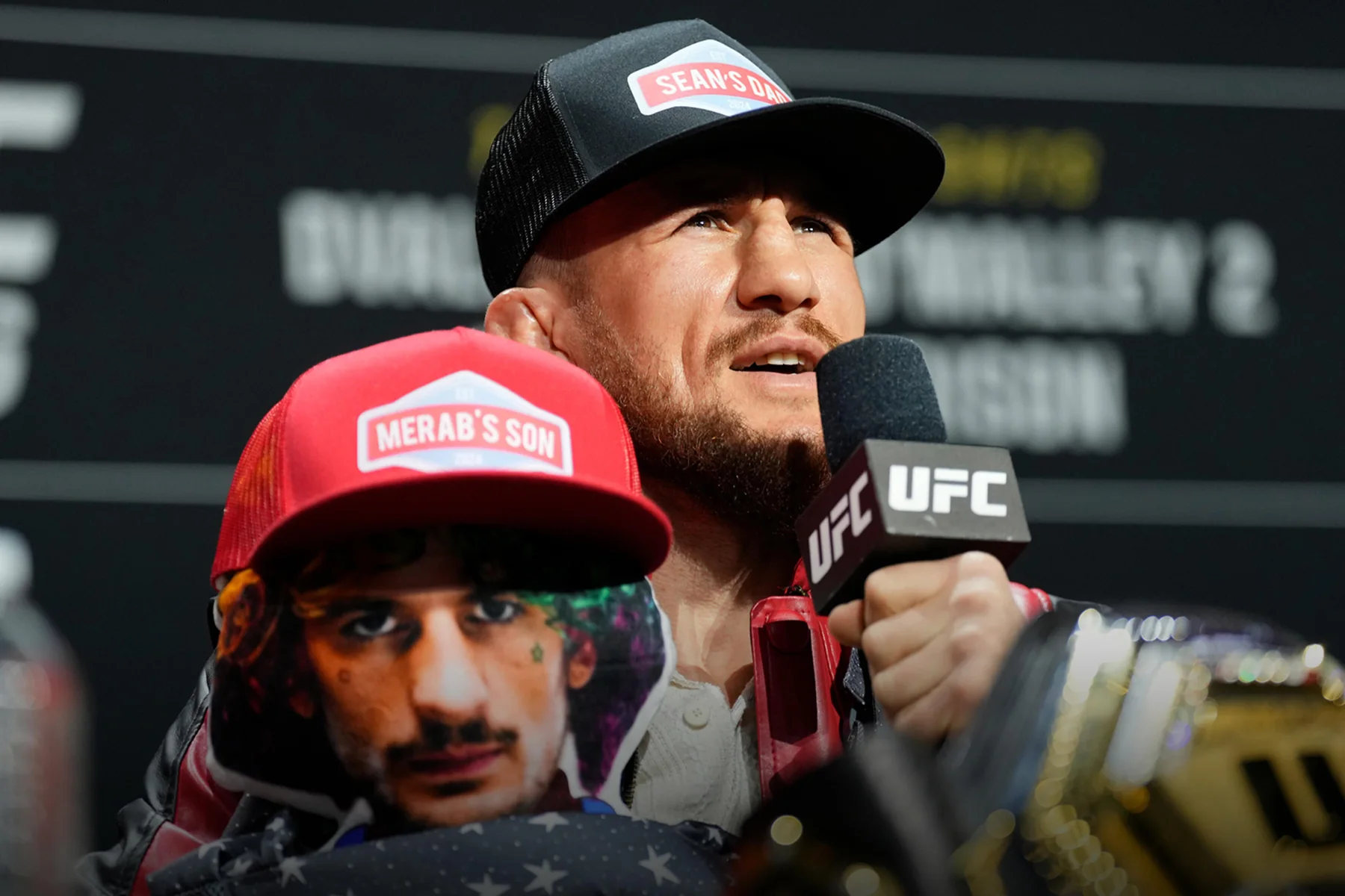 UFC bantamweight champion Merab Dvalishvili speaking at an official UFC 316 press conference