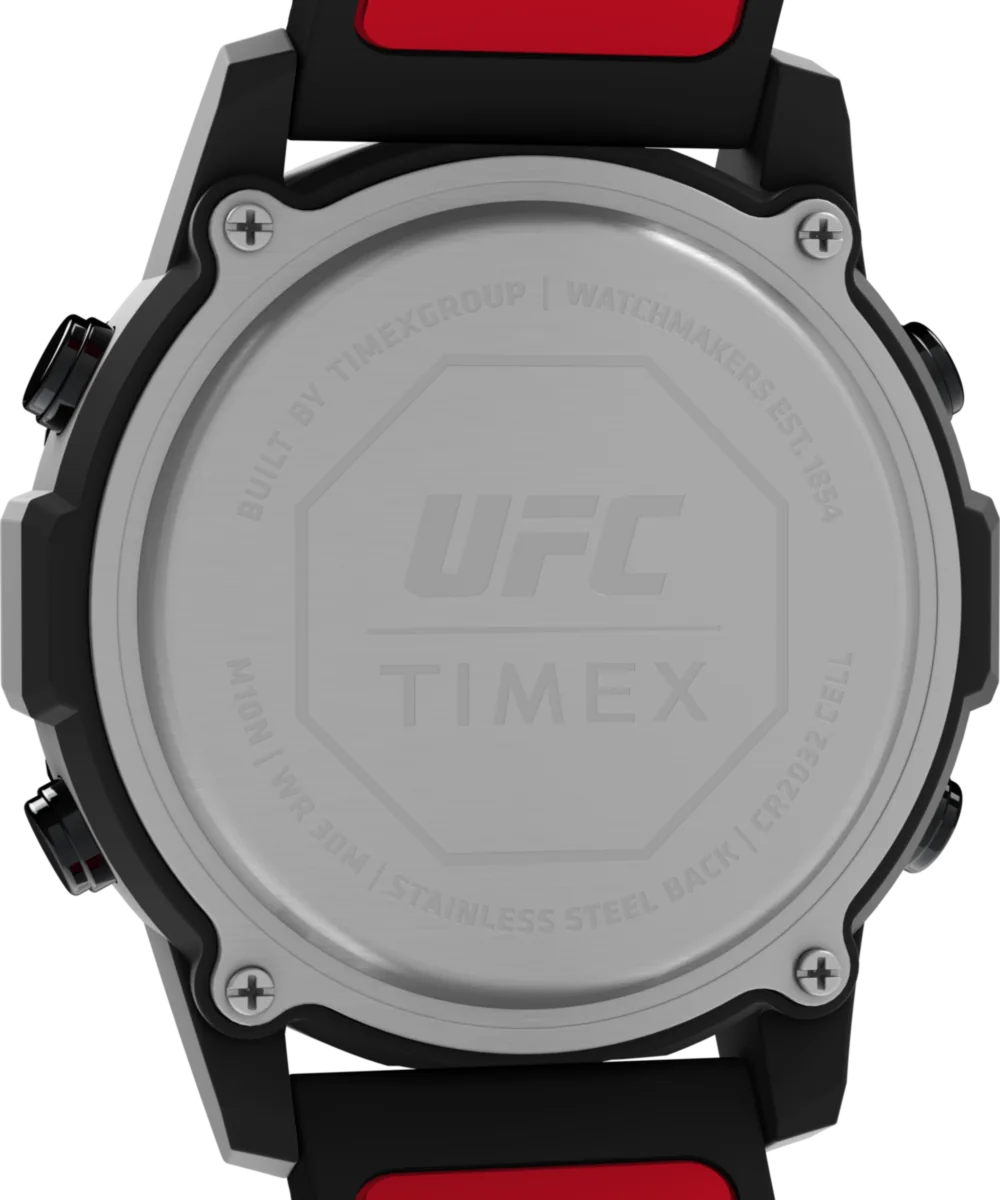 Caseback of a Timex UFC Brawler watch showing identification markings