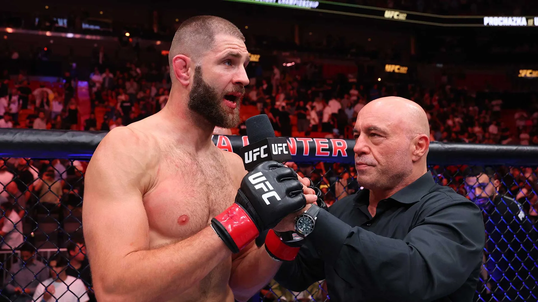 Jiří Procházka speaking to Joe Rogan during a UFC Octagon interview