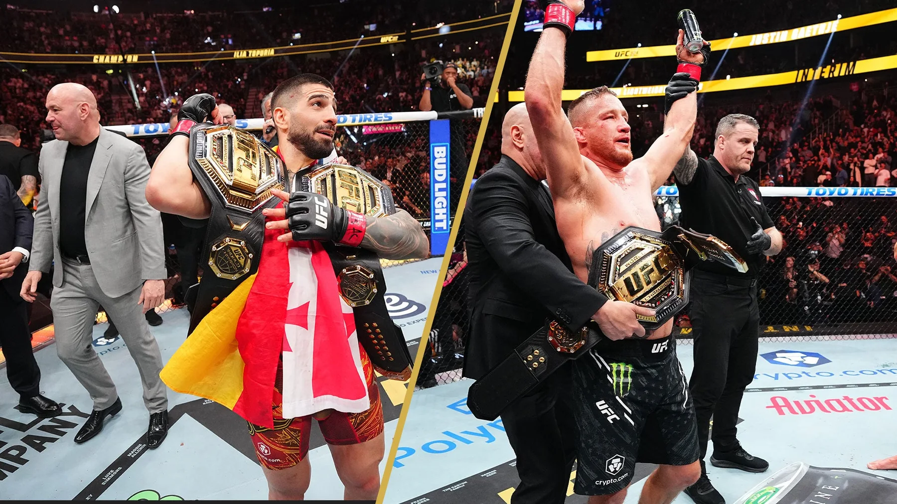 Ilia Topuria and Justin Gaethje holding UFC lightweight championship belts