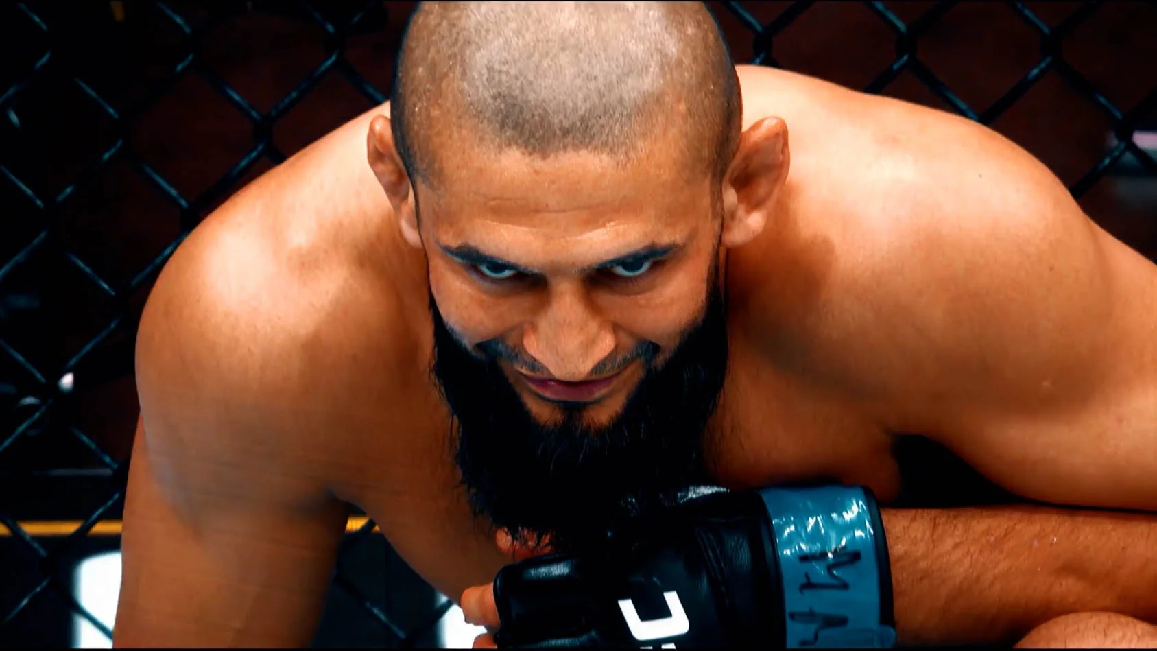 Khamzat Chimaev controlling a middleweight opponent on the canvas