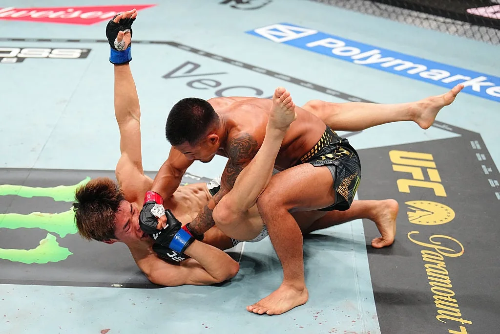 Joshua Van punches Tatsuro Taira on the canvas during their UFC 328 title fight