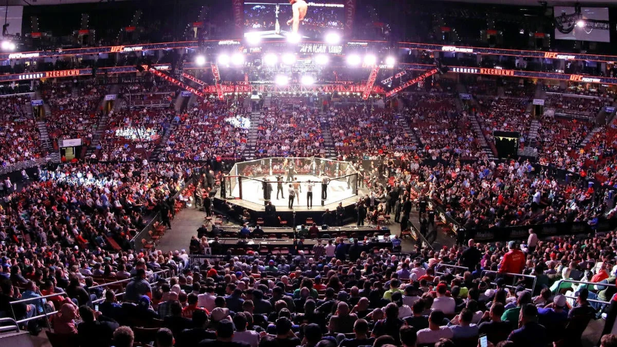 Elevated arena view of a UFC Octagon, crowd and overhead screens
