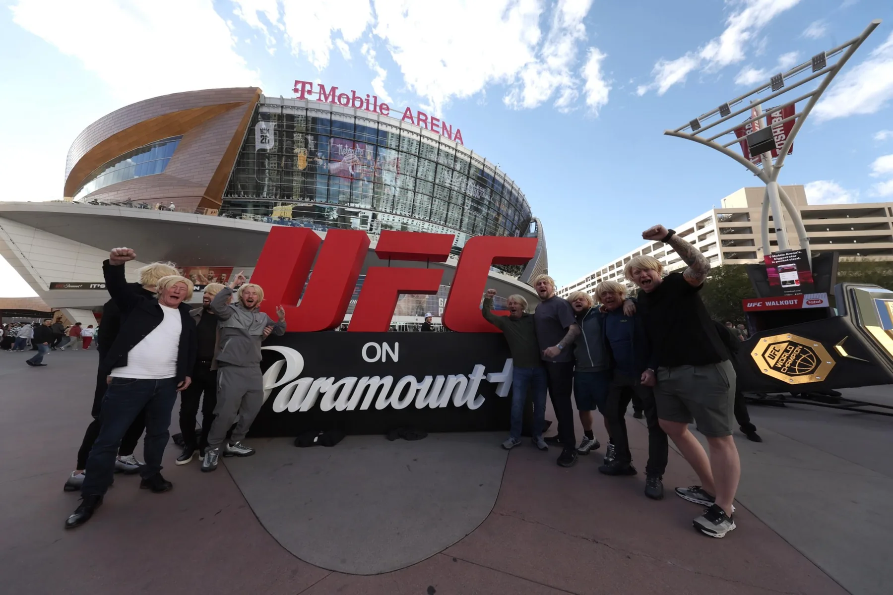 T-Mobile Arena in Las Vegas with UFC fans and official event branding outside