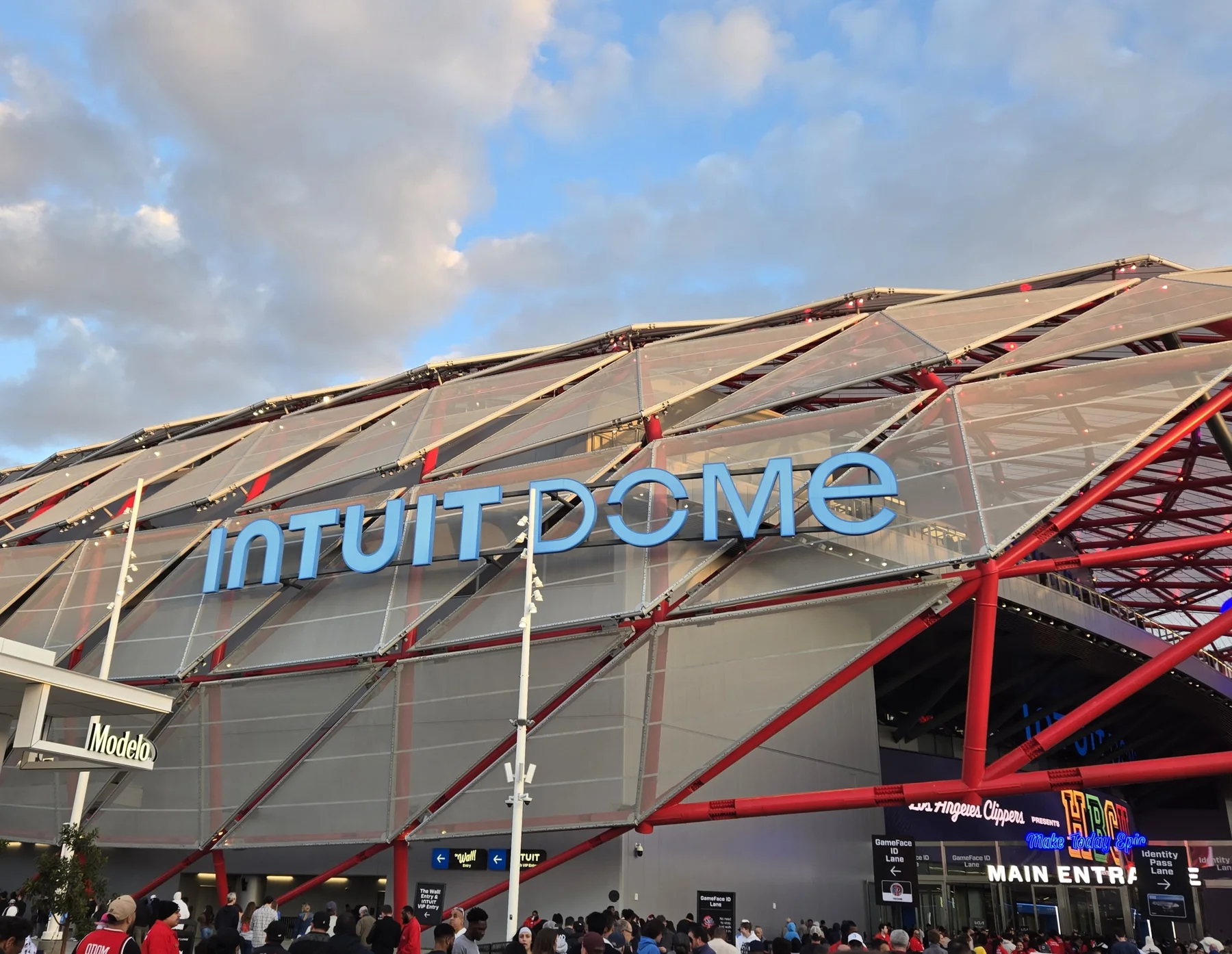 Fans arriving at the main entrance of Intuit Dome in Inglewood